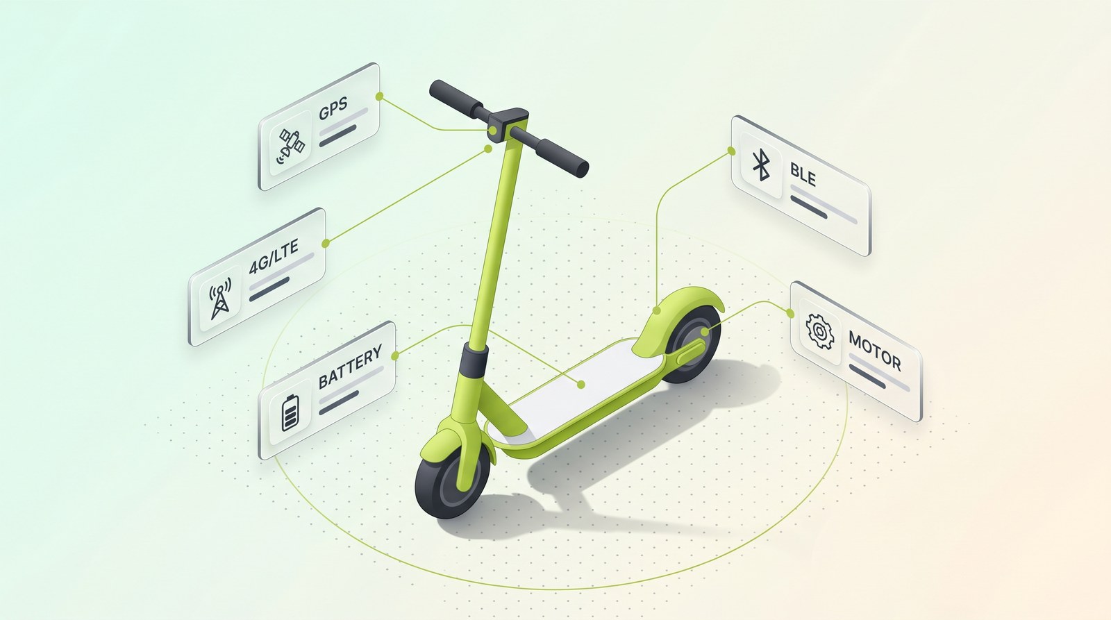 Lime scooter IoT components diagram with GPS, cellular modem, accelerometer, and Bluetooth modules