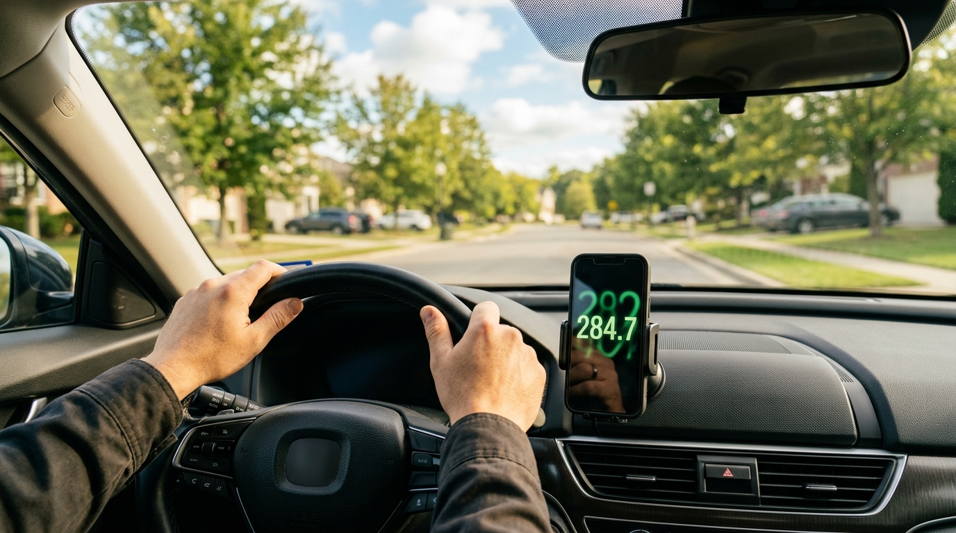 Gig worker tracking mileage using a smartphone app in a car