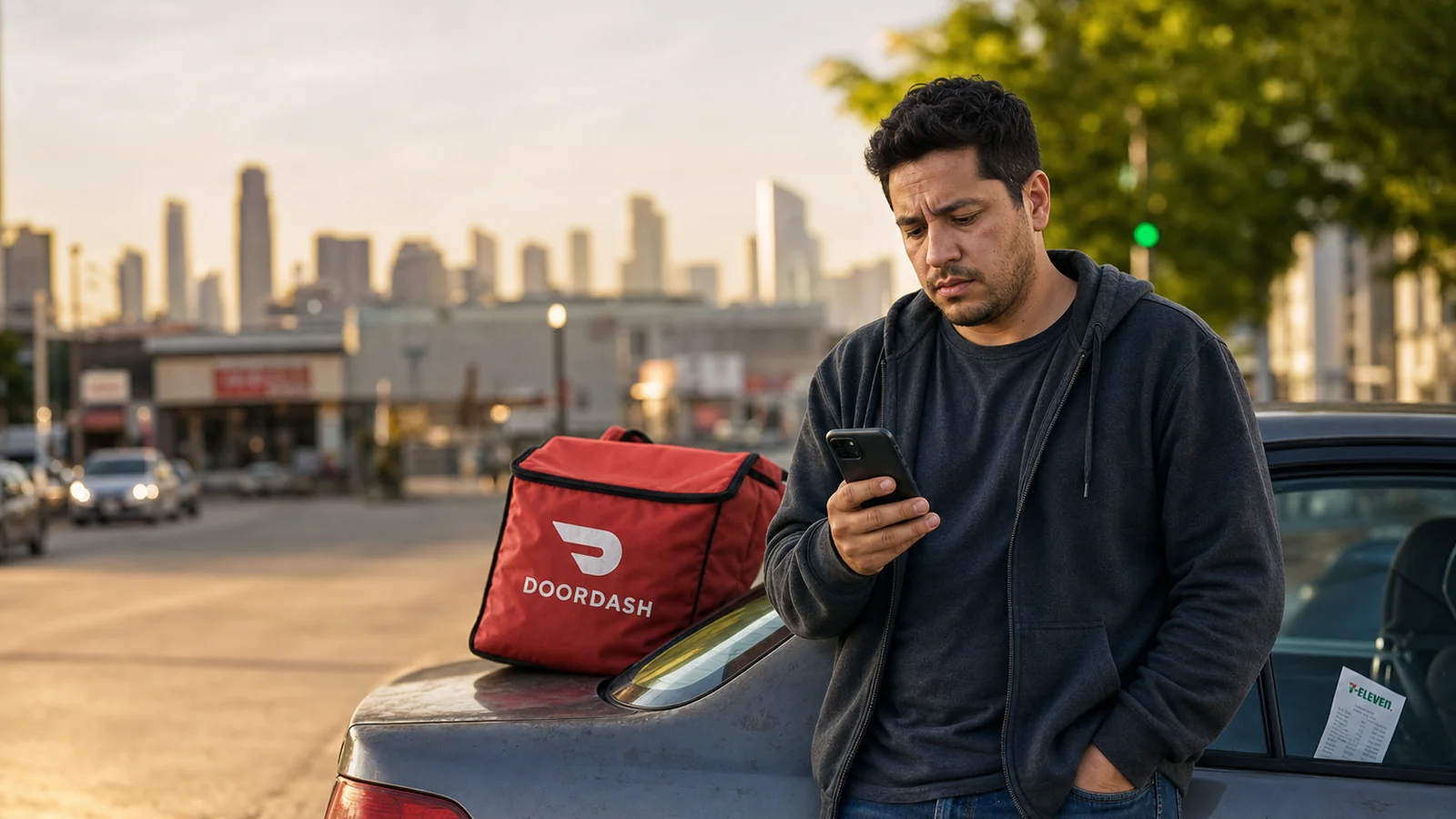 A DoorDash driver leaning against his car at golden hour, checking his phone with a concerned expression beside a red DoorDash delivery bag — illustrating the hidden costs and financial stress of gig delivery work
